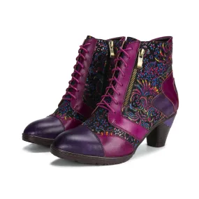 CrazycatZ Womens Leather Ankle Boots Bohemian Block Heel Colorful Floral Leather Boots Hot Pink