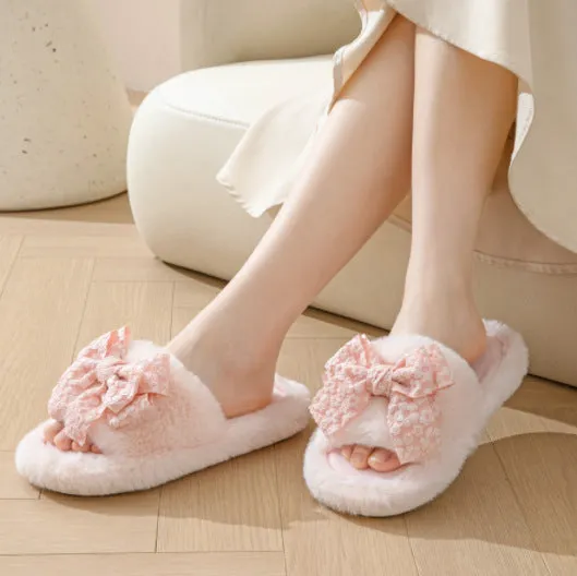 Women's Plush Slippers with Bow